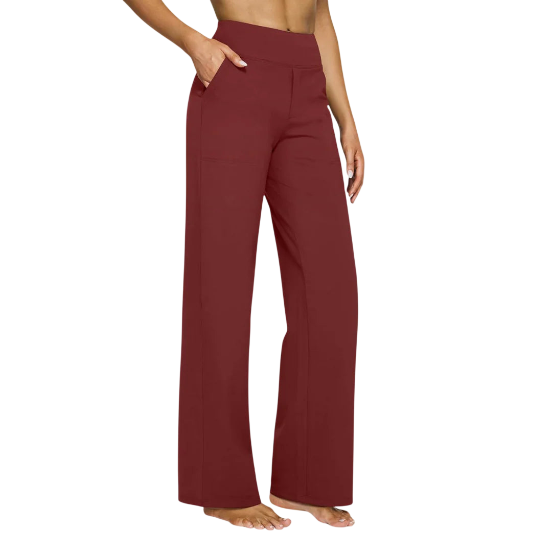 Veda Bremen Kara stretch hose in wine red, smooth and form-fitting, showcasing the elegant, stretchy fabric against a neutral background.