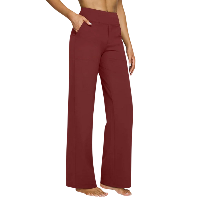 Veda Bremen Kara stretch hose in wine red, smooth and form-fitting, showcasing the elegant, stretchy fabric against a neutral background.