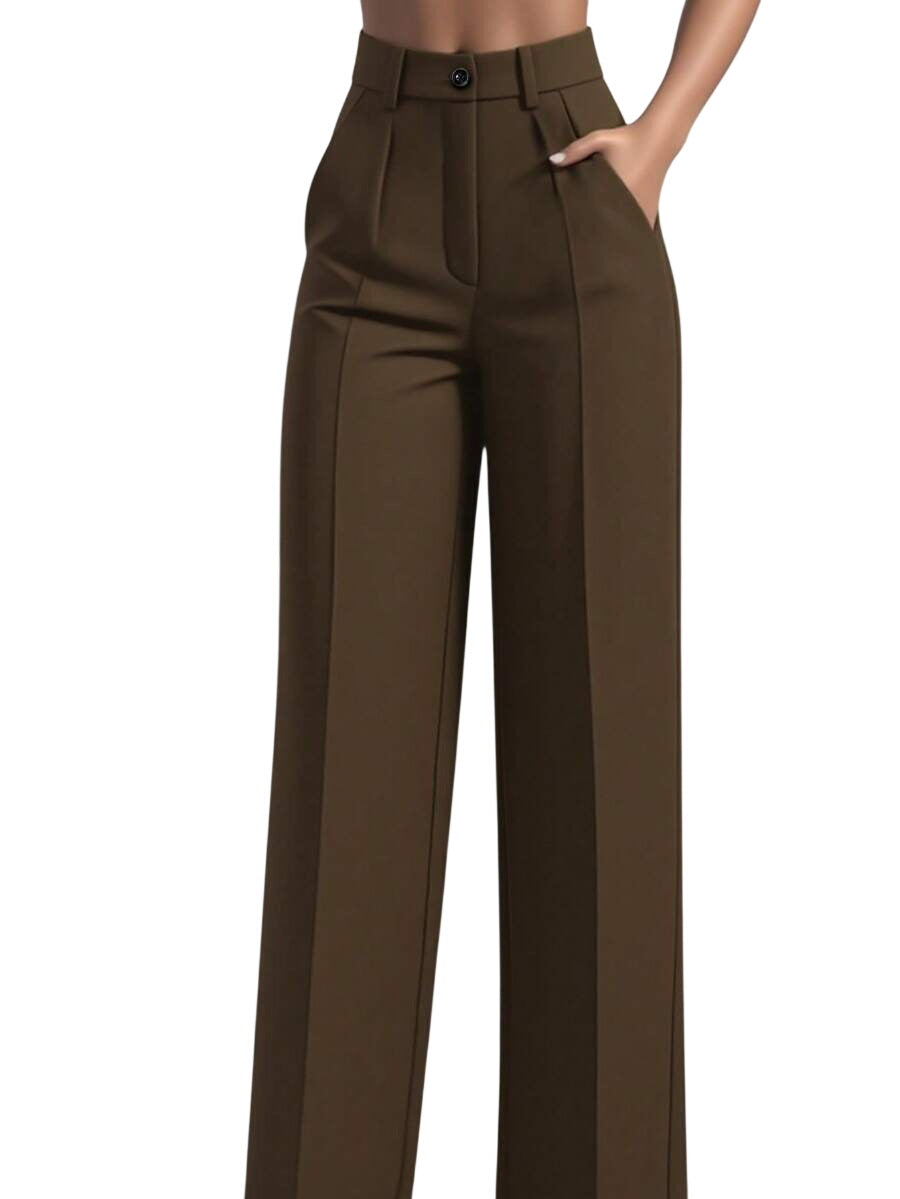 Brown women's high-waist dress trousers by LuroLondon, tailored fit with smooth fabric and classic design for professional or casual wear.