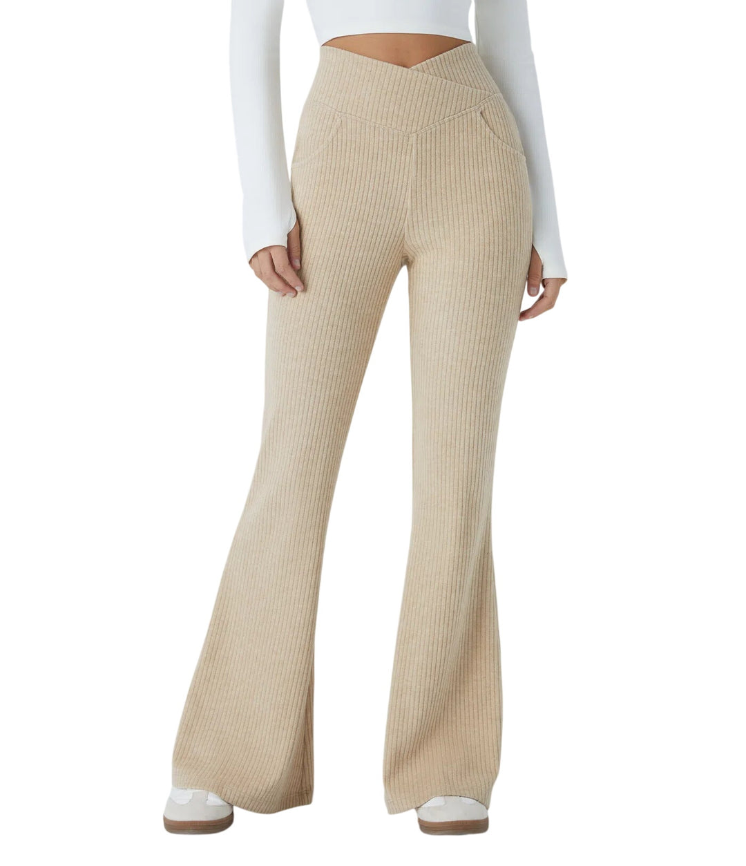 Apricot high-waisted flare trousers from Lurolondon.co.uk, featuring a wide-leg design and stylish fit.