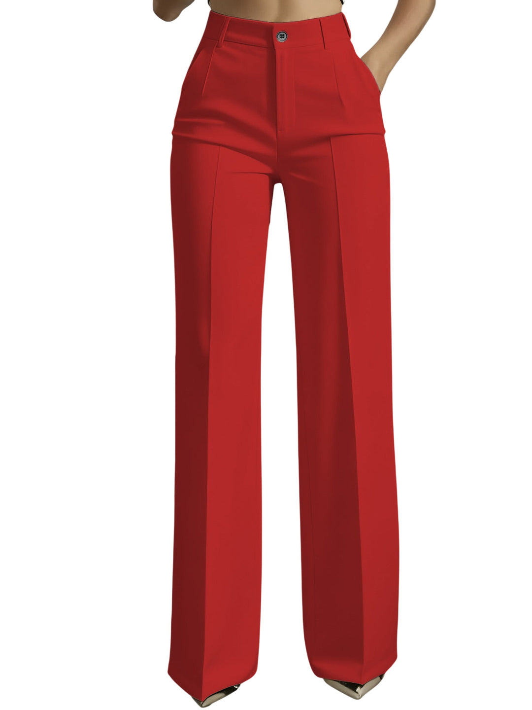 Red high-waisted Damenhosen by Veda Bremen, tailored fit with belt loops and side pockets, shown on a white background.