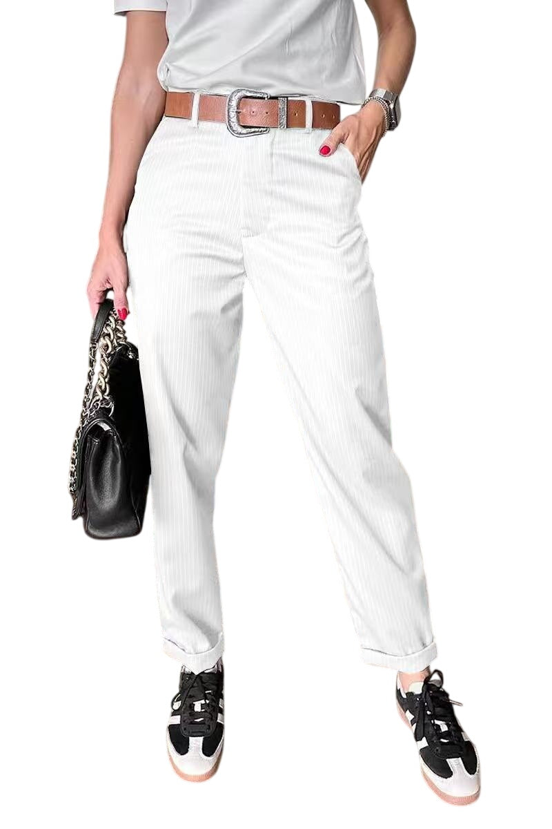 Veda Bremen Melly white stretch striped pants with a fitted silhouette, featuring a modern, elegant design and classic striped pattern.
