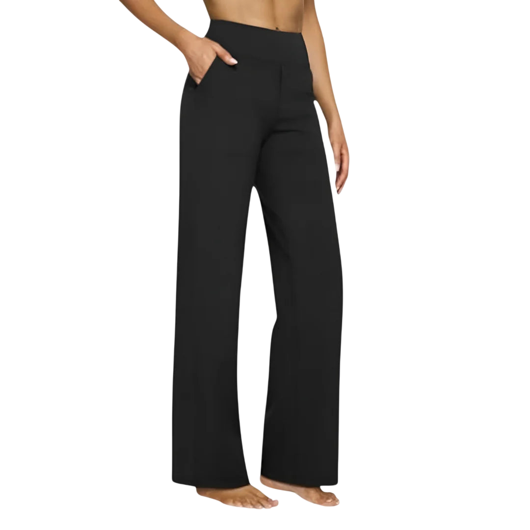 Black Kara stretch-hose by Veda Bremen, close-up of smooth fabric and elastic waistband for comfortable fit.