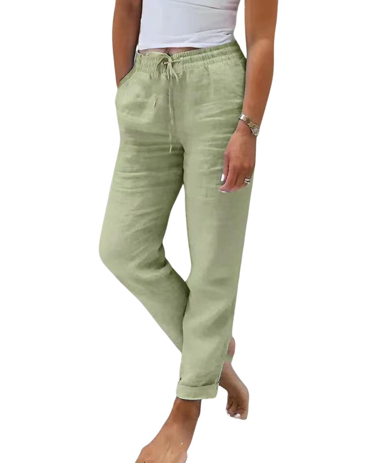 Green Soft Loom Leinenhose by Veda Bremen, comfortable linen pants with a relaxed fit and natural texture.
