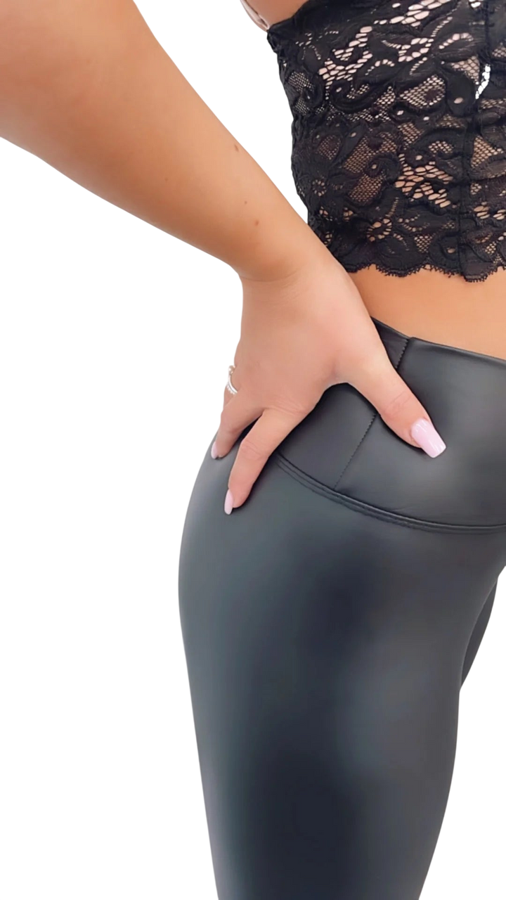 Black leather look leggings from Lurolondon.co.uk, featuring a sleek, form-fitting design with a shiny faux leather finish.