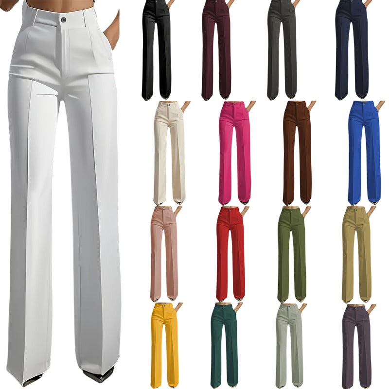 High-waisted women's pants by Veda Bremen, featuring a sleek fit and classic design, shown on a model in a casual setting.