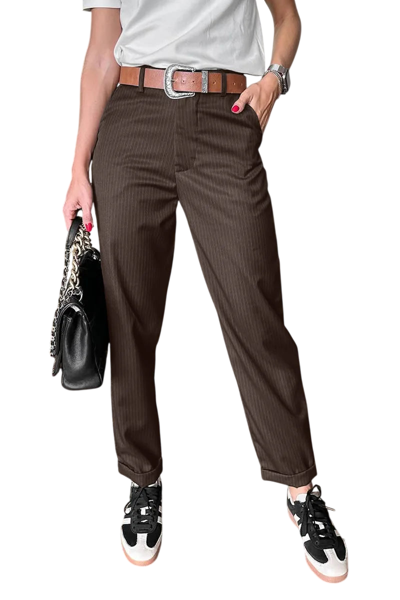 Veda Bremen Melly brown striped, fitted stretch pants with elegant, figure-enhancing design, shown on a model.