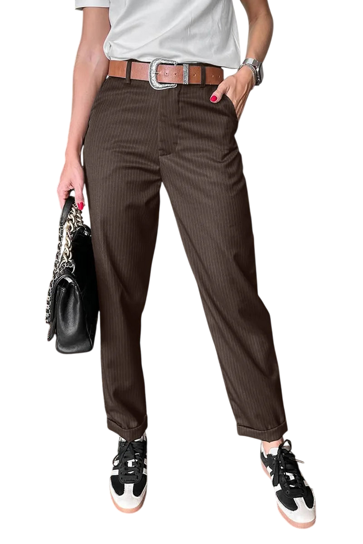 Veda Bremen Melly brown striped, fitted stretch pants with elegant, figure-enhancing design, shown on a model.