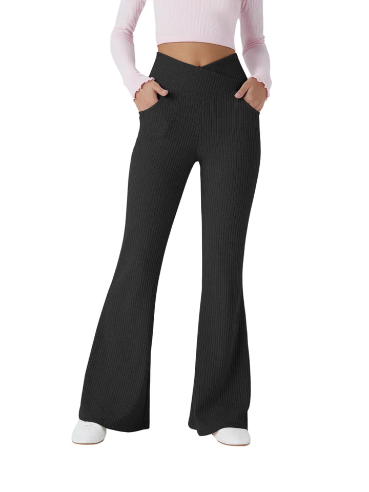 Black high-waisted flare trousers from Lurolondon.co.uk, featuring a stylish wide-leg design and comfortable fit.