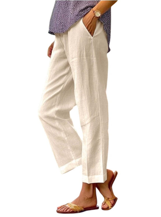 LuroLondon Lisa lightweight apricot trousers with relaxed fit and elastic waistband, perfect for casual wear.