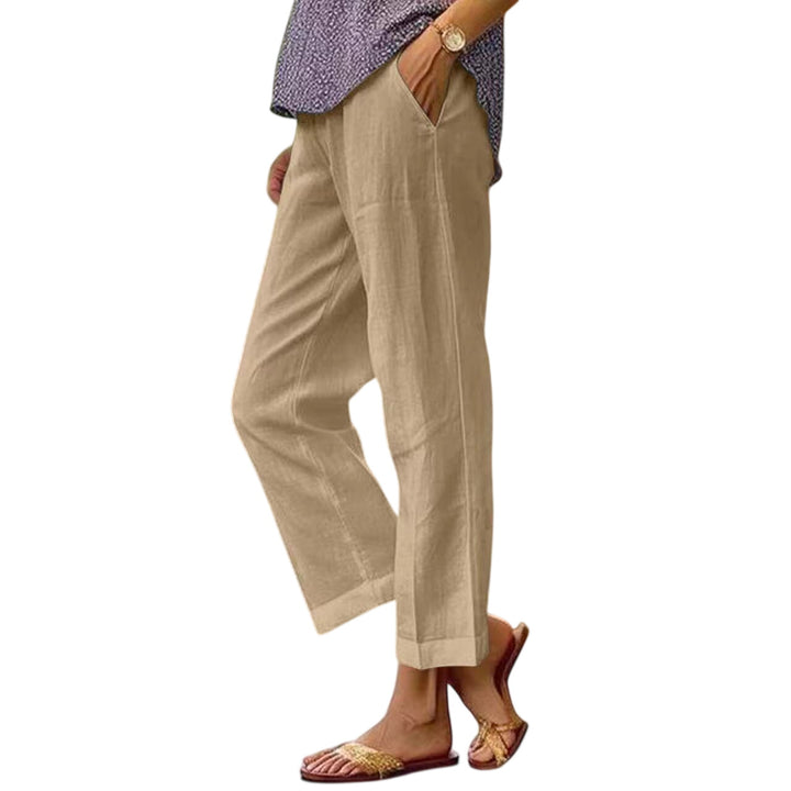 LuroLondon Lisa lightweight khaki trousers shown on a model, featuring a relaxed fit and casual style for everyday wear.