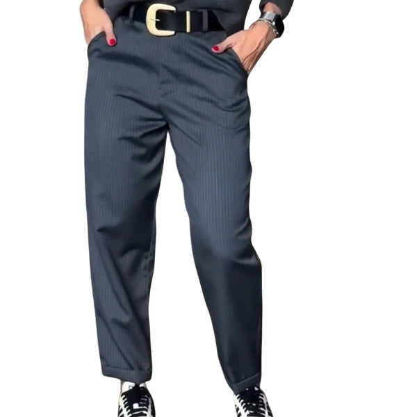 Dark blue Veda Bremen Melly striped, fitted stretch pants with elegant, figure-hugging design.