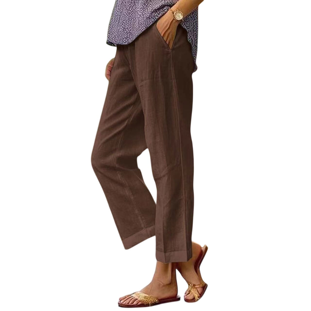 LuroLondon Lisa lightweight brown trousers with a relaxed fit and tailored design, perfect for casual or office wear.