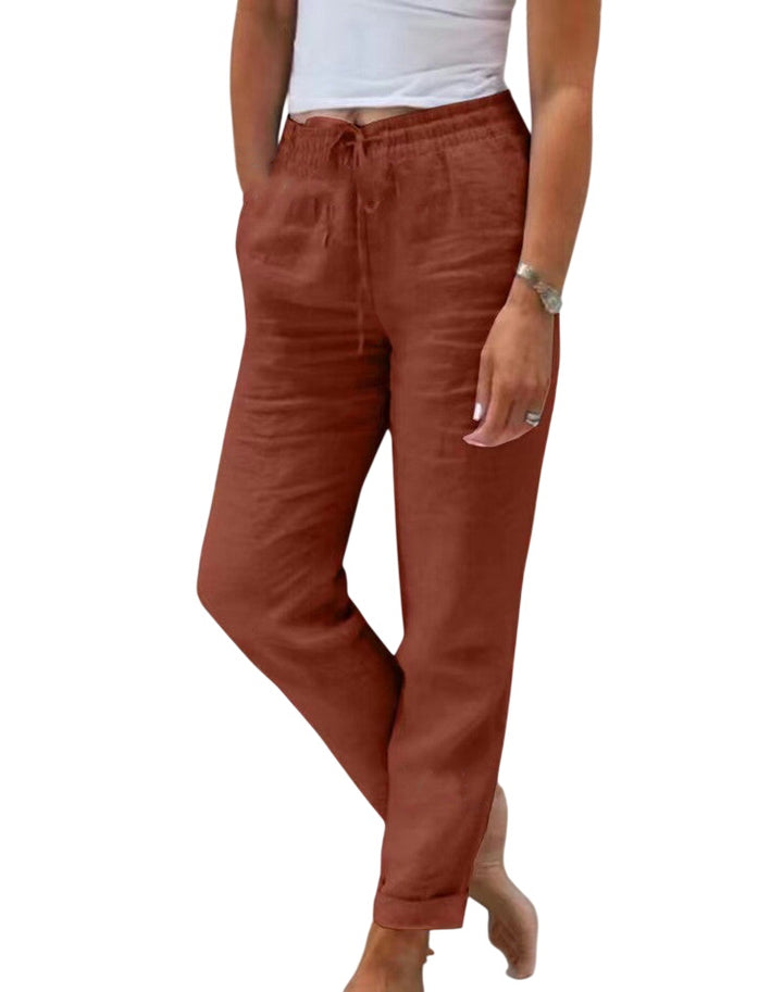 Red Soft Loom Leinenhose by Veda Bremen, lightweight linen pants with a relaxed fit and natural fabric texture.