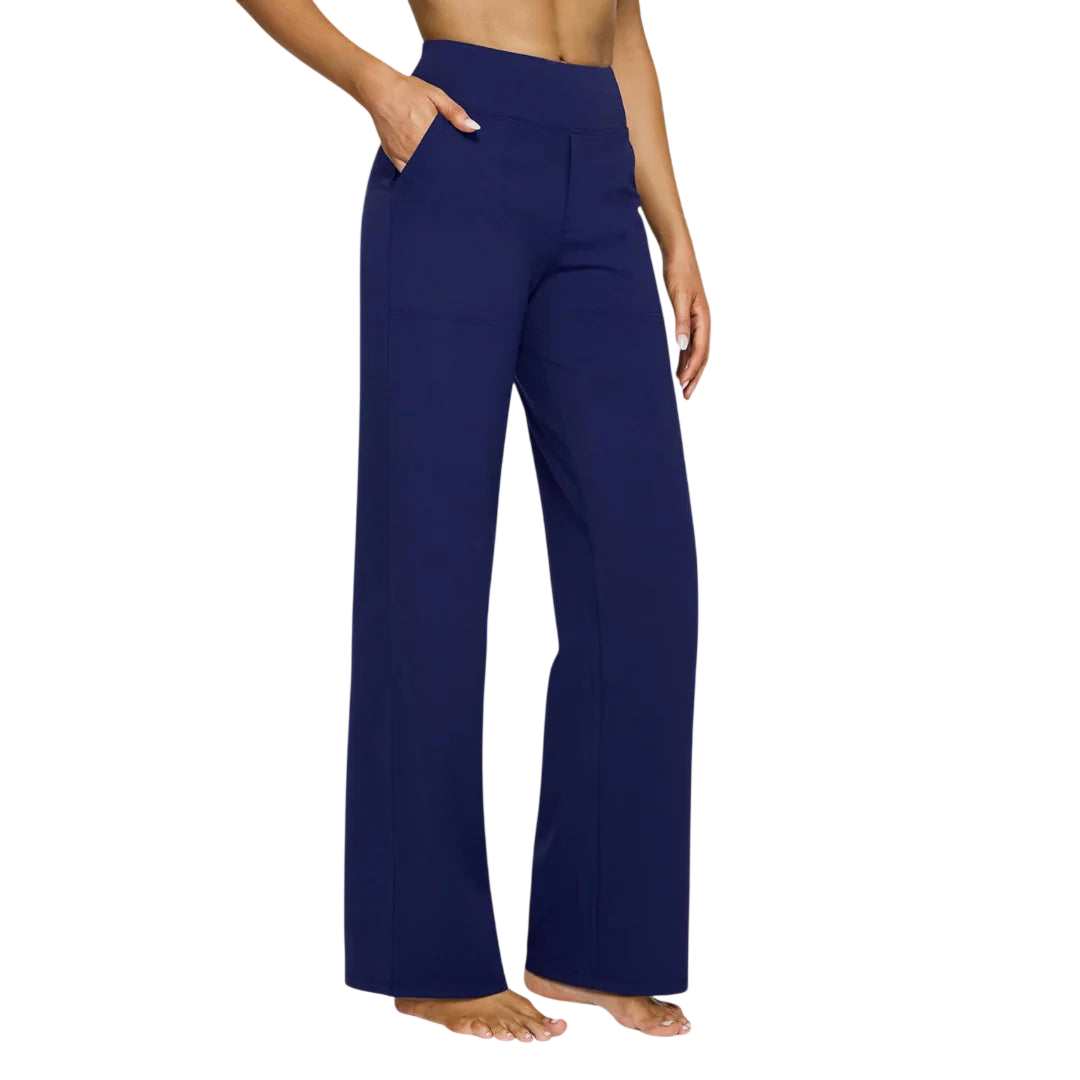 Blue Kara Stretch-Hose by Veda Bremen, showcasing smooth, fitted fabric and elastic waistband for comfortable wear.