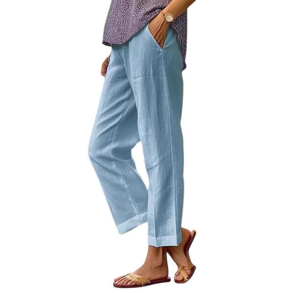 LuroLondon Lisa lightweight trousers in blue, showing a relaxed fit and soft fabric suitable for casual wear.