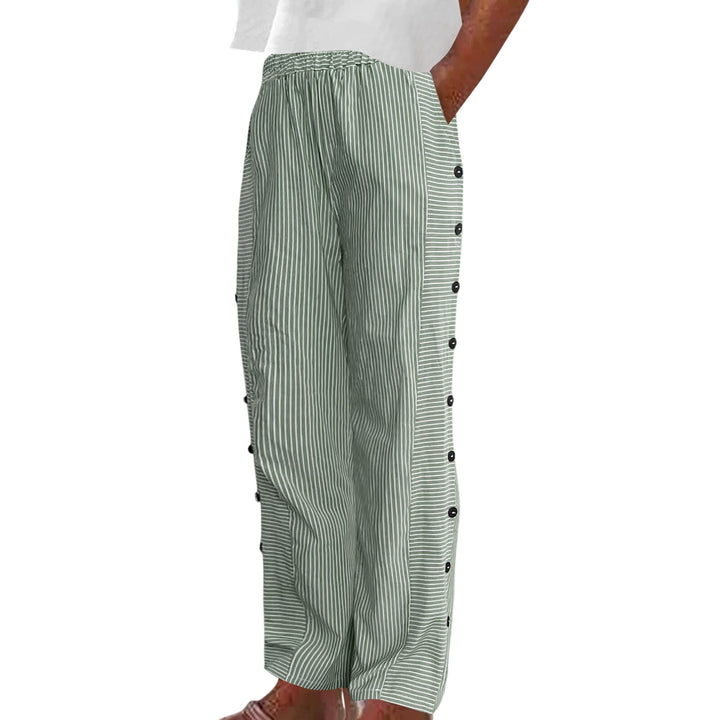 Green Caitlin gestreifte Knopfhosen by Veda Bremen, stylish striped button pants for women displayed in the image.