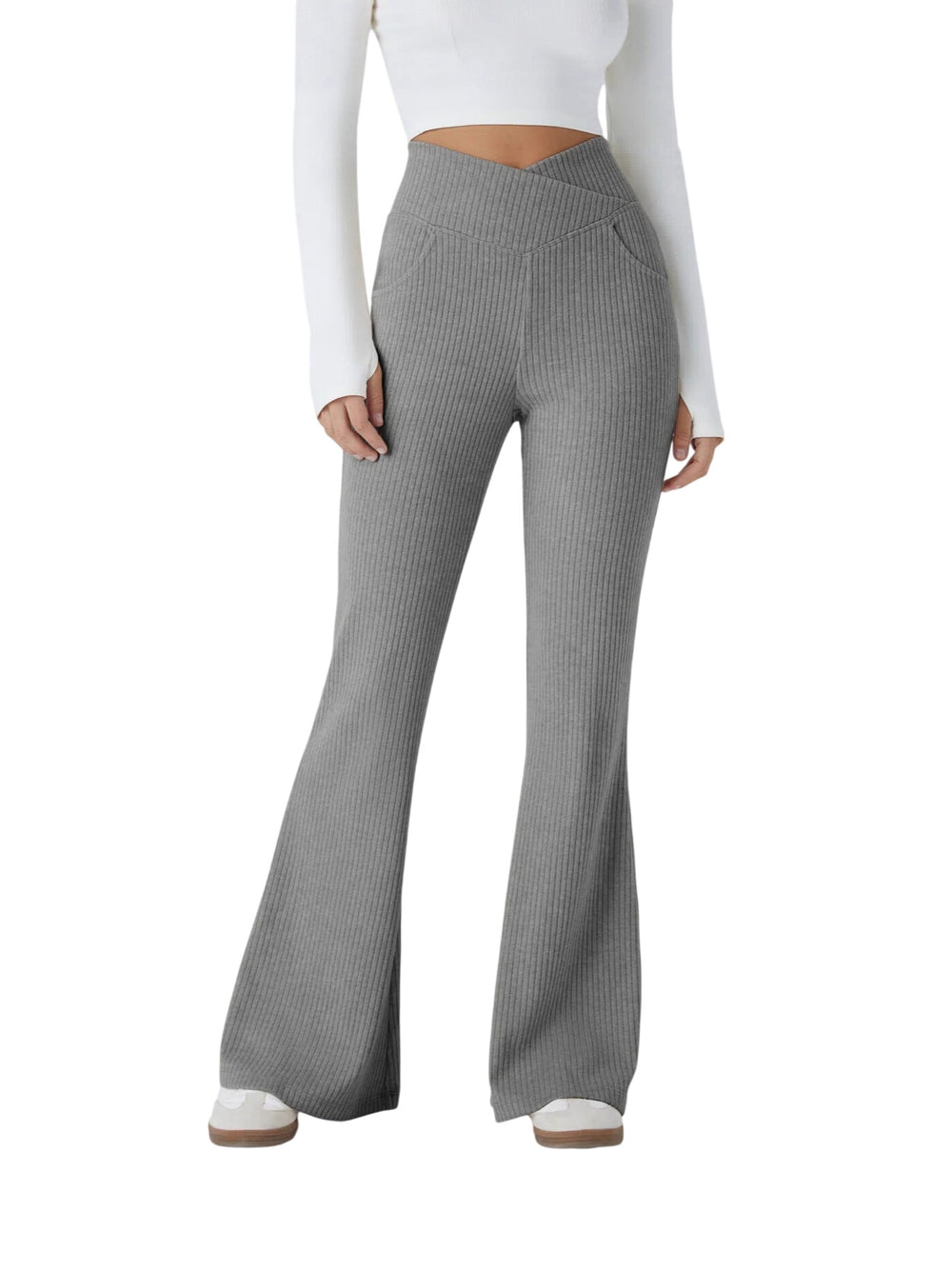 Space grey high-waisted flare trousers from Lurolondon, featuring a stylish high-rise fit and wide flare leg design.
