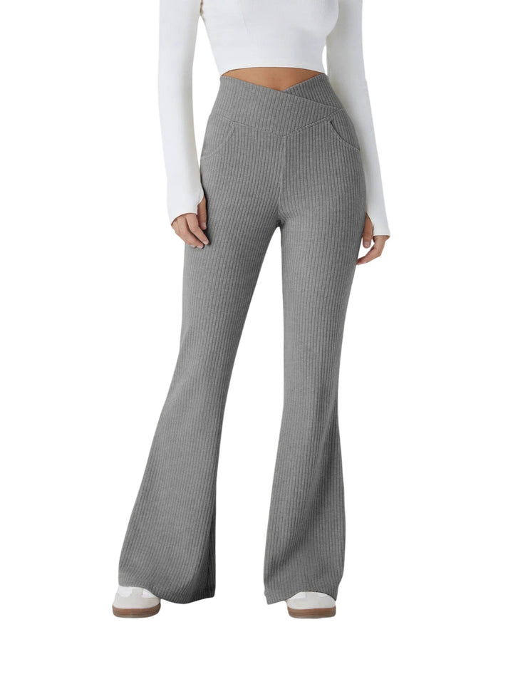 Space grey high-waisted flare trousers from Lurolondon, featuring a stylish high-rise fit and wide flare leg design.