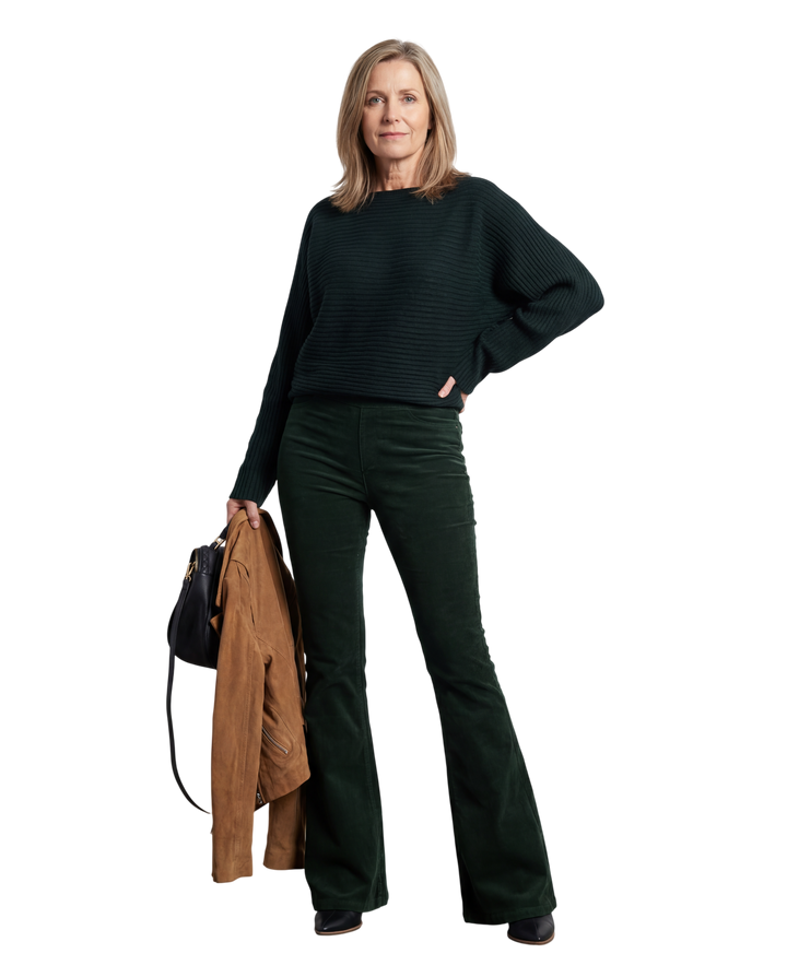 LuroLondon Chloe corduroy flared trousers in deep green, high-waisted with wide legs and classic corduroy texture.