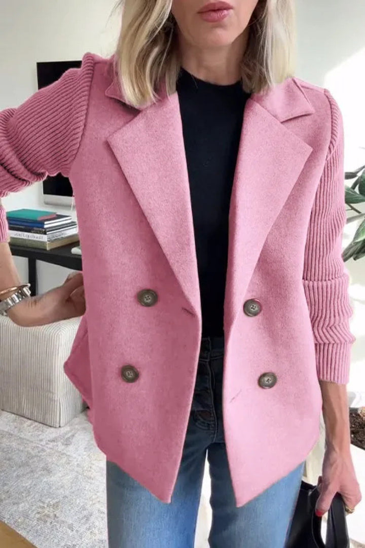 Pink Siena blazer by Lurolondon featuring knitted sleeves and tailored fit, stylish for casual or smart occasions.