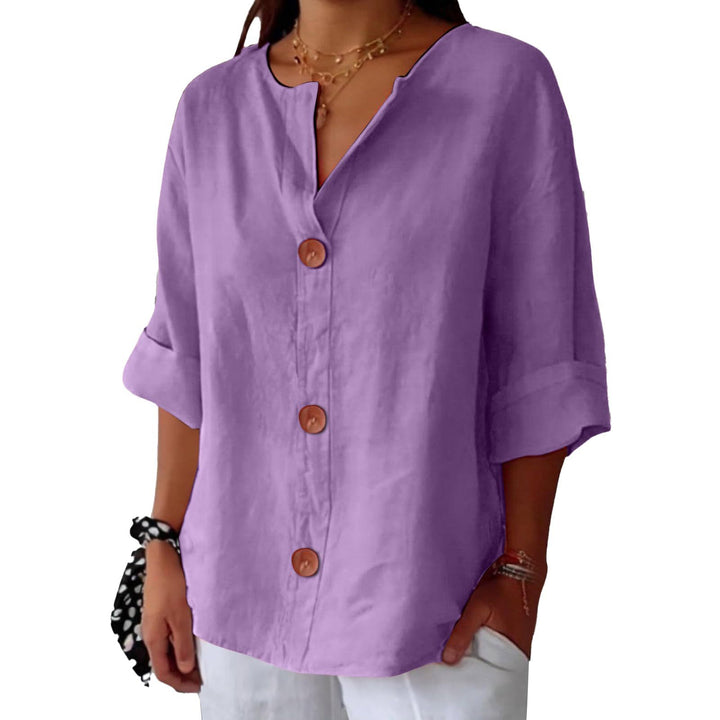 Purple Leah minimalist blouse by Veda Bremen featuring a sleek, simple design and lightweight fabric.