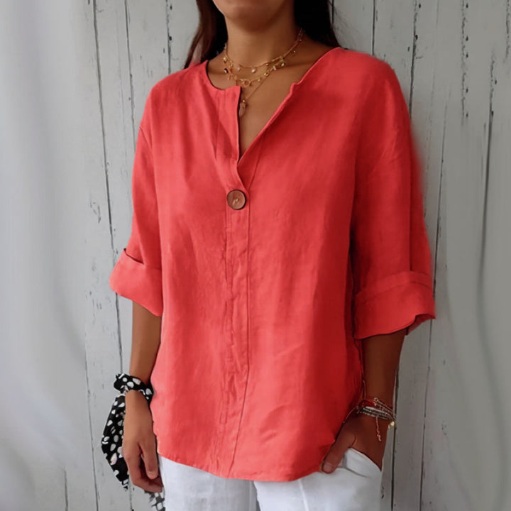 Red Damenbluse von Veda Bremen, Carina V-Ausschnitt, elegant Damenbluse mit V-Ausschnitt, stylish women&