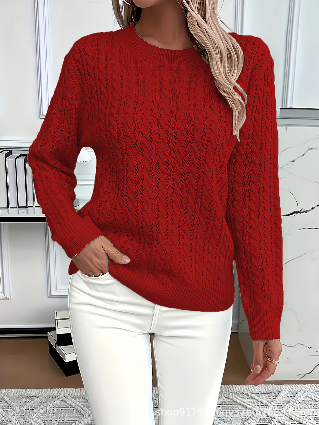 Red Rosa knitted sweater by Lurolondon.co.uk, showing a cozy, stylish knit with a close-up of the textured fabric.