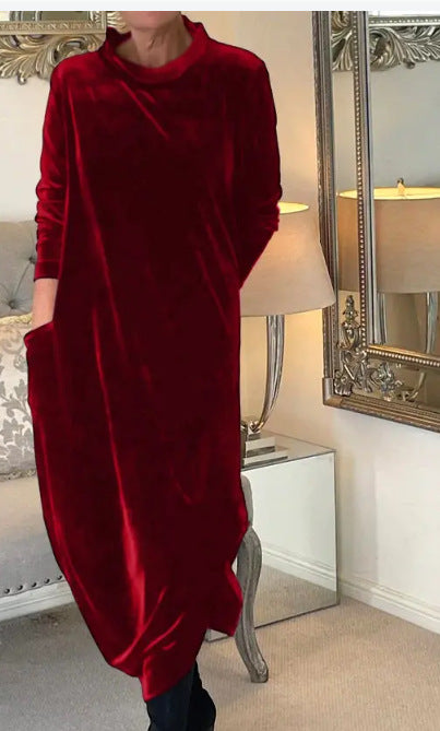 Red Sandy Elegant Velvet Dress by Lurolondon.co.uk, featuring a stylish, fitted velvet design with a V-neck and long sleeves.