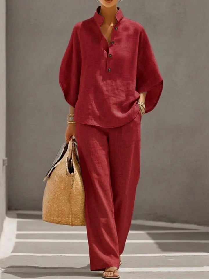 Veda Bremen Ellie casual cotton and linen set in vibrant red, featuring comfortable, lightweight fabric for everyday wear.