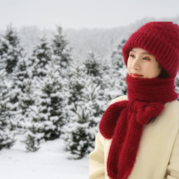 Red winter hat and scarf combo by Lurolondon, featuring a cozy knit design perfect for cold weather.