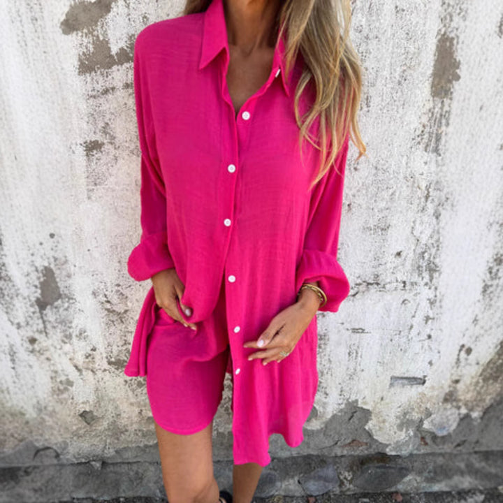 Rosered long-sleeve shirt and matching shorts set by Veda Bremen, comfortable casual clothing for kids.