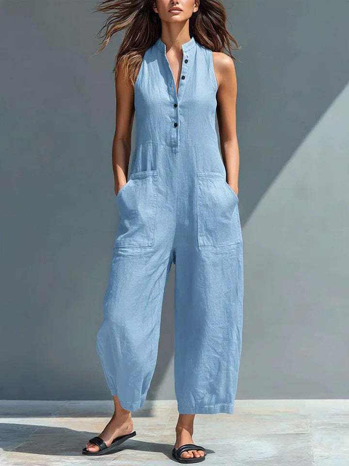 Sky blue Veda Bremen Lotte sleeveless minimalist jumpsuit with a clean, modern design and relaxed fit.