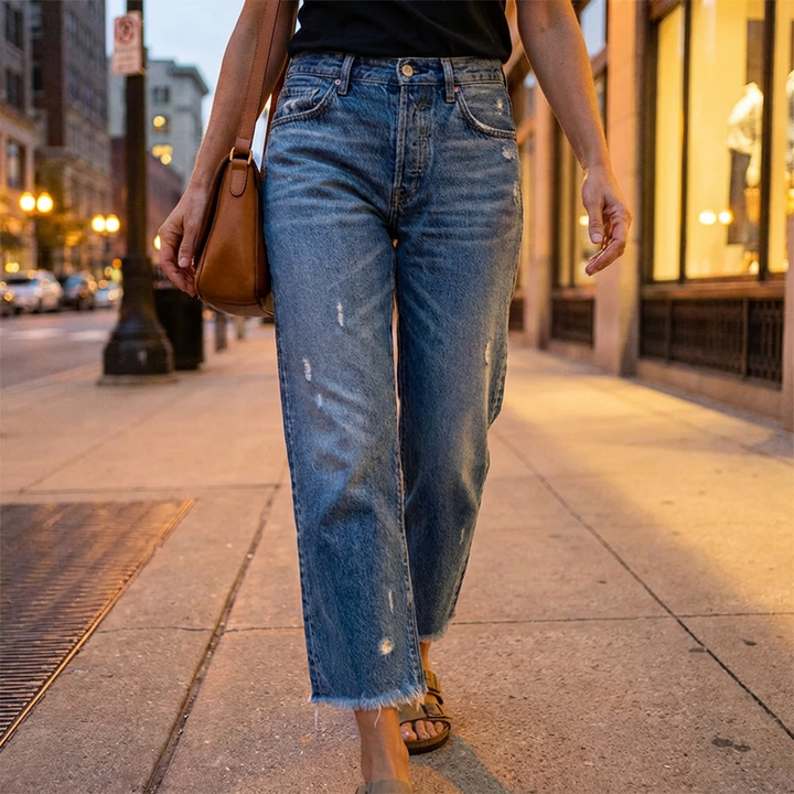 Veda Bremen Zelda premium stretch jeans for women, short fit, with classic five-pocket design and dark denim fabric.