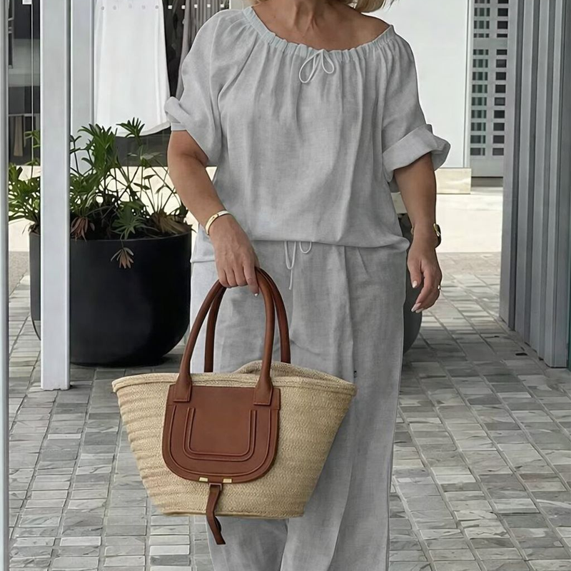 Veda Bremen Lena Komfort-Set in neutral tones, featuring elegant, effortless clothing and accessories for a sophisticated look