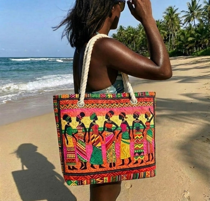 Veda Bremen Melanin Queens quilted beach bag with stylish design, perfect for carrying essentials to the beach or pool.