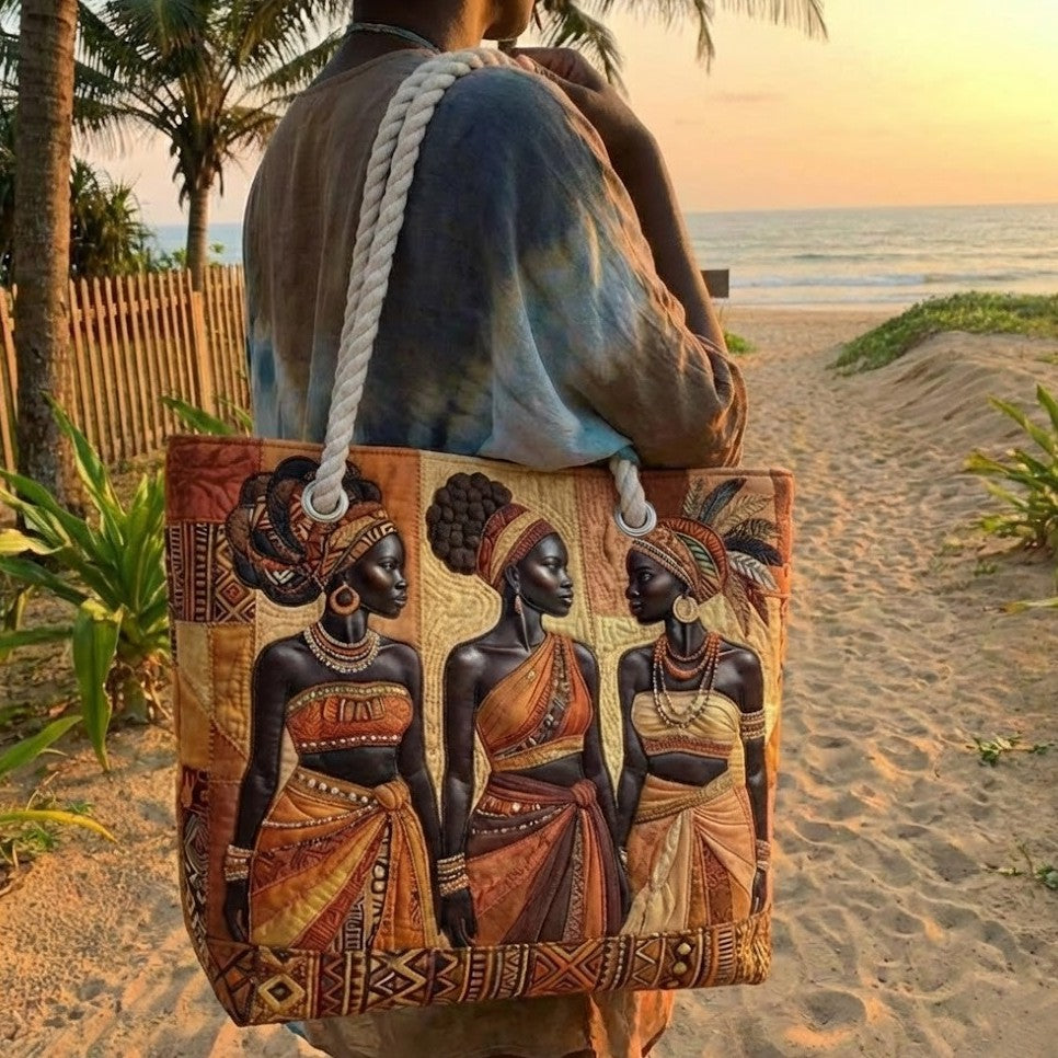 Veda Bremen Melanin Queens quilted beach bag with stylish stitched pattern, spacious design, perfect for carrying essentials to the beach.