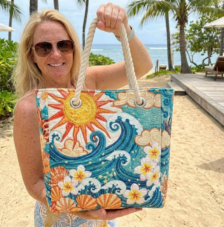 Veda Bremen Warm Halo quilted beach bag with stitched pattern and spacious interior, ideal for carrying beach essentials.