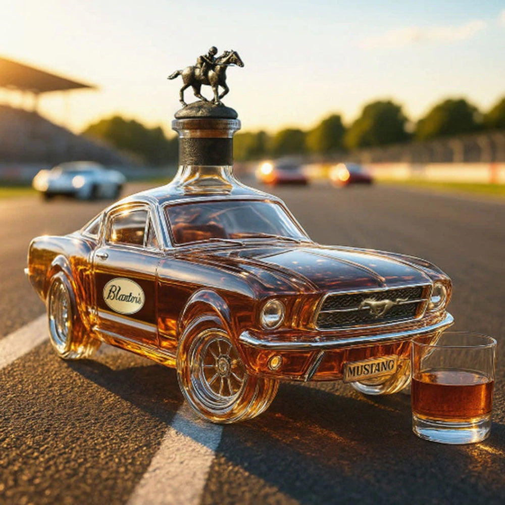 Veda Bremen Mustang Edition whisky flask featuring a sleek design, displayed on a vintage Harley cruiser motorcycle.
