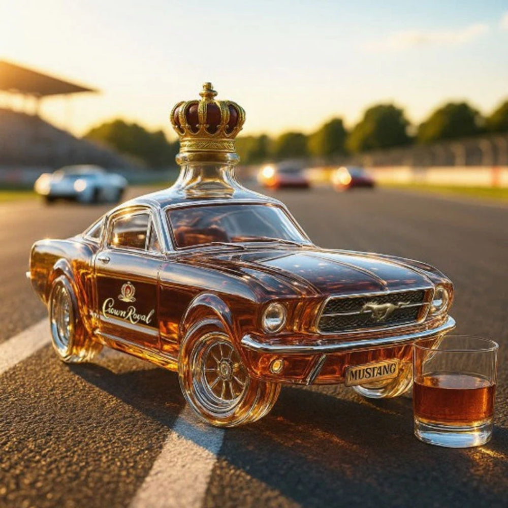 Veda Bremen Mustang Edition whisky flask featuring a sleek design, displayed alongside a Harley cruiser motorcycle.