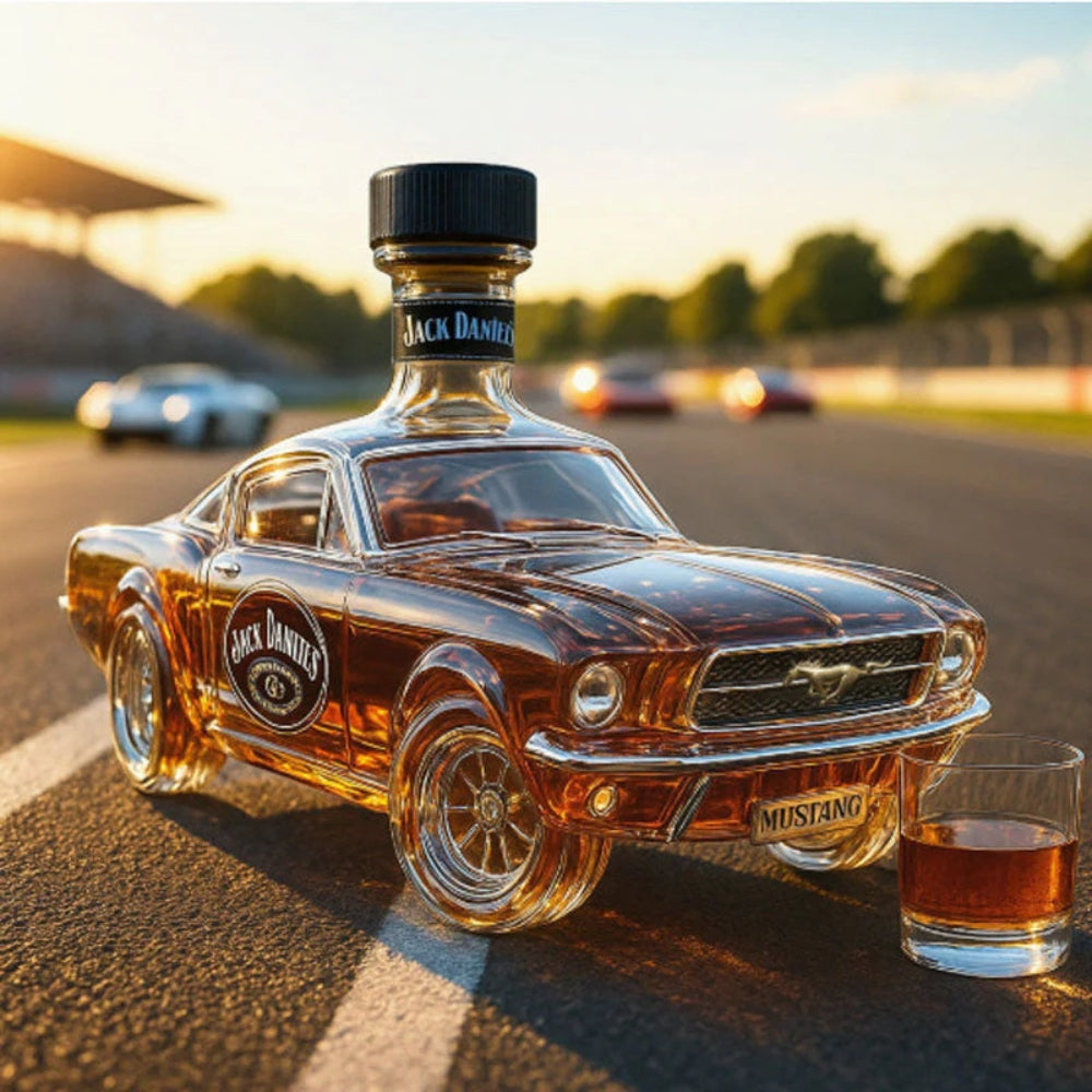 Veda Bremen Mustang Edition whisky flask showcasing a sleek metal design with Mustang branding and motorcycle-inspired details.