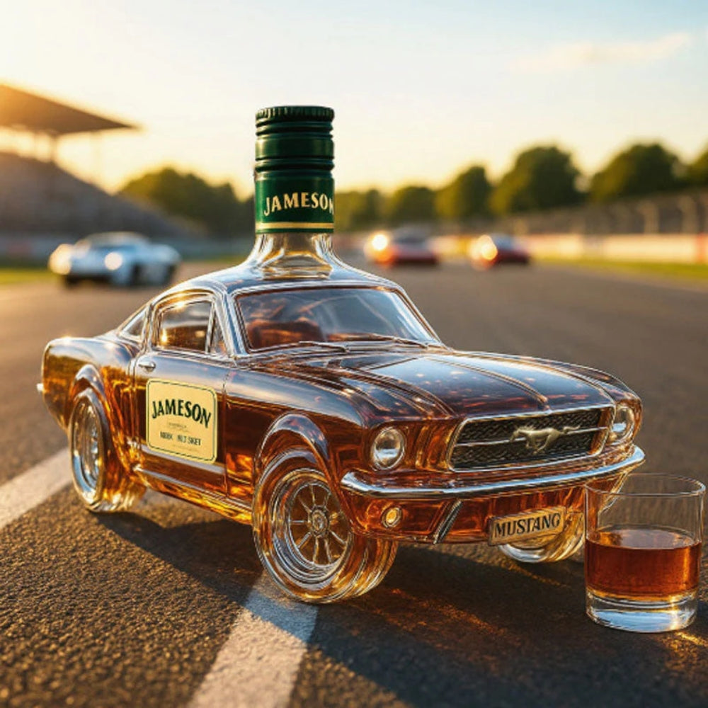 Veda Bremen Mustang Edition whisky flask with vintage motorcycle and Mustang logo design, metal body with leather accents.