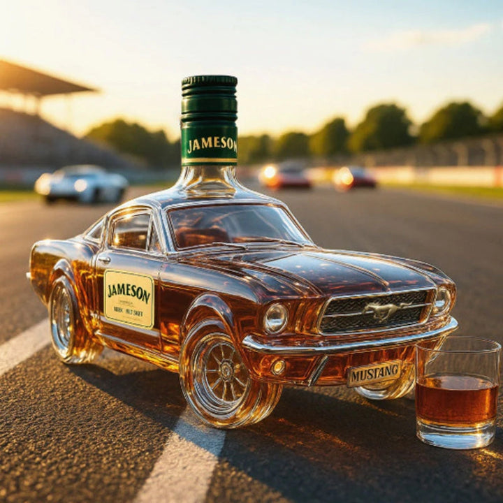 Veda Bremen Mustang Edition whisky flask with vintage motorcycle and Mustang logo design, metal body with leather accents.