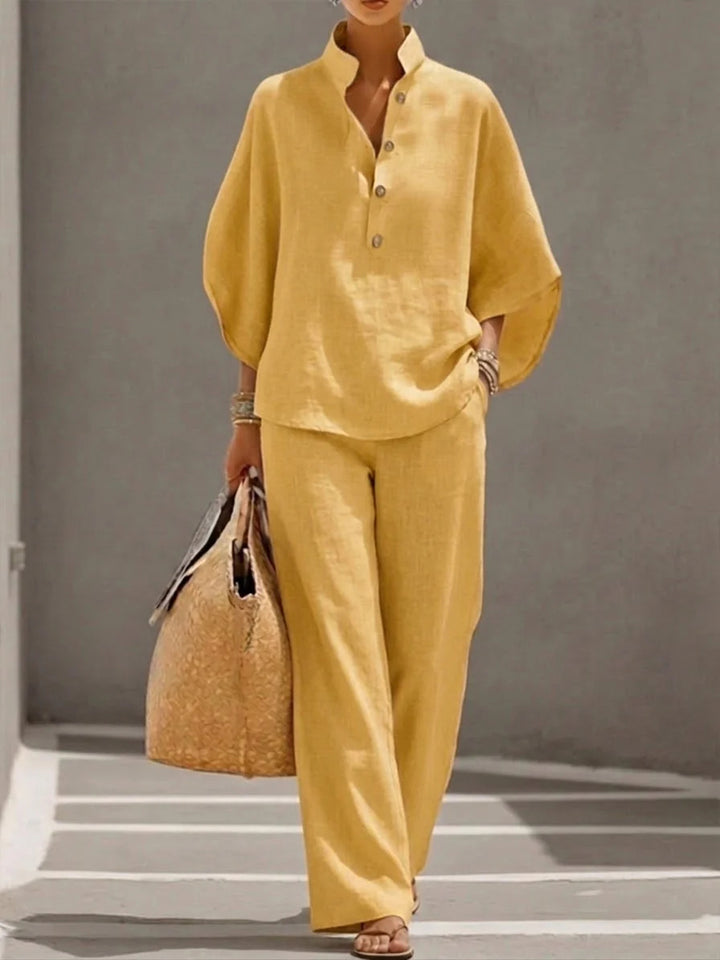 Yellow Veda Bremen Ellie casual cotton and linen set shown with relaxed fit and lightweight fabric for comfortable wear.